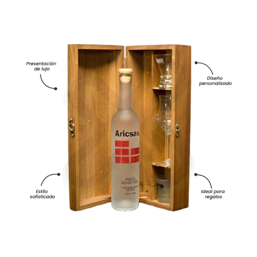 Caja De Madera Con Pisco Personalizado 500Ml Y 3 Copas personalizado para empresas
