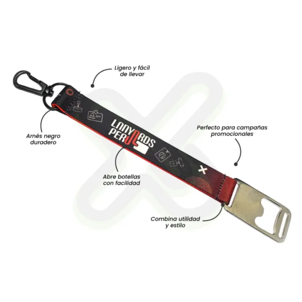 Llavero Lanyard Con Destapador Y Arnes Negro 2Cm personalizado para empresas