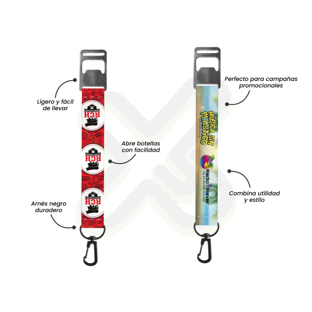 Llavero Lanyard Con Destapador Y Arnes Negro 2Cm personalizado con logo