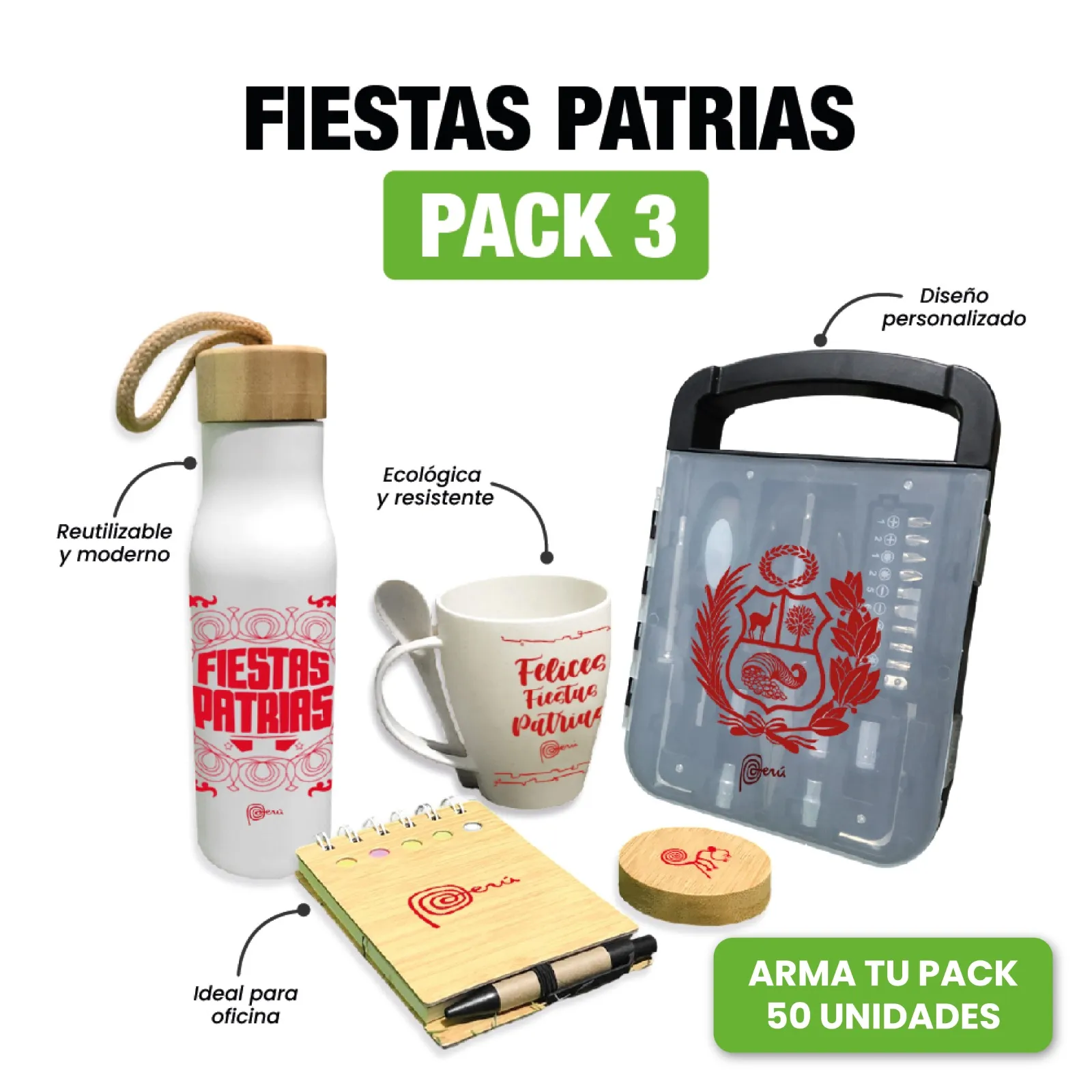 Pack 3 Fiestas Patrias personalizado para empresas